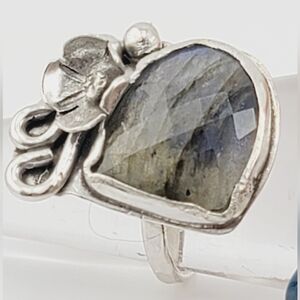 LABRADORITE FLORAL RING HANDMADE IN STERLING SILVER METAL SIZE 8.5